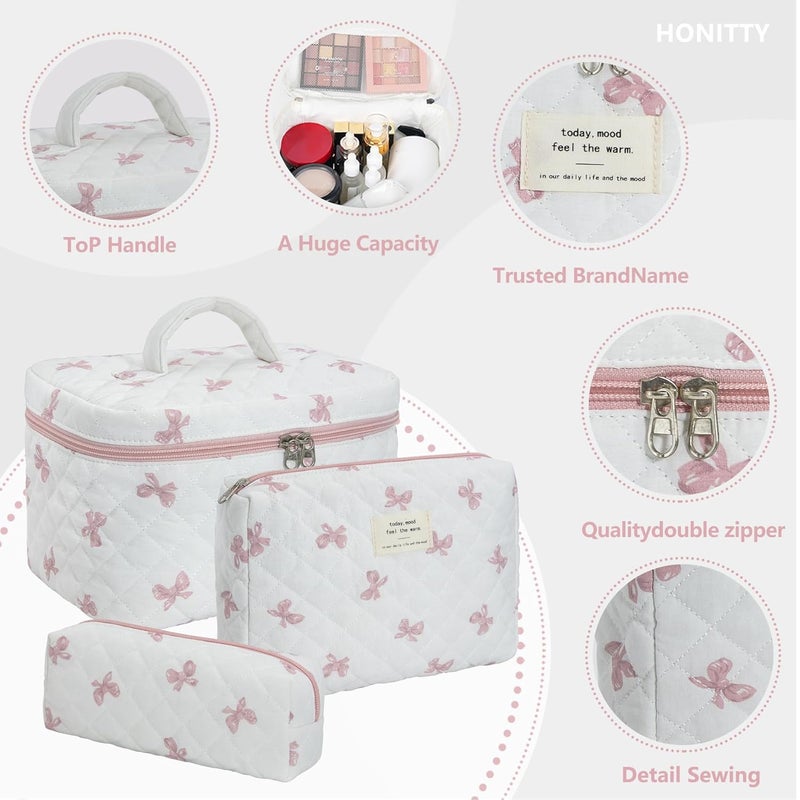 honitty Makeup Bag,Quilted Cosmetic Bag,Large Floral Make Up Bag for Women,Cotton Makeup Bag Set,Flower Travel Toiletry Bag - Image 3